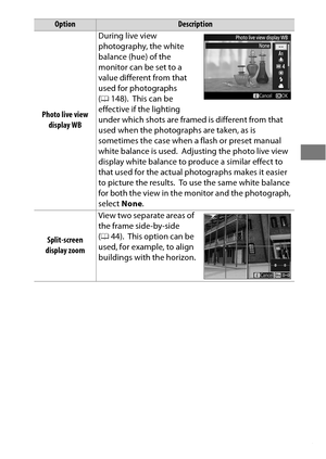 Page 6743
Photo live view display WB During live view 
photography, the white 
balance (hue) of the 
monitor can be set to a 
value different from that 
used for photographs 
(
0 148).
 This can be 
effective if the lighting 
under which shots are framed is different from that 
used when the photographs are taken, as is 
sometimes the case when a flash or preset manual 
white balance is used.
 Adjusting the photo live view 
display white balance to produce a similar effect to 
that used for the actual...