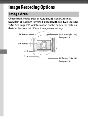 Page 9874
Image Recording Options
Choose from image areas of FX (36 × 24) 1.0× (FX format), 
DX (24 × 16) 1.5×  (DX format), 5 : 4 (30 × 24) , and 1.2× (30 × 20) 
1.2× .
 See page 490 for information on the number of pictures 
that can be stored at different image area settings.
Image Area
DX format (24 × 16) 
image circle
FX format (36 × 24) 
image circle
FX format
1.2 ×5:4
DX format 