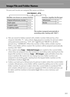 Page 123111
Technical Notes
Image File and Folder Names
Pictures and movies are assigned file names as follows.
•Files are stored in folders named with a folder number followed by a five-
character identifier: “P_” plus a three-digit sequence number for pictures taken 
using panorama assist (e.g. “101P_001”; A44) and “NIKON” for all other 
pictures (e.g. “100NIKON”). When the number of files within a folder reaches 
9999, a new folder will be created. File numbers will be assigned automatically 
starting with...