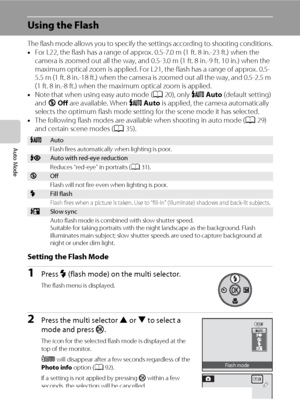 Page 4230
Auto Mode
Using the Flash
The flash mode allows you to specify the settings according to shooting conditions.
•For L22, the flash has a range of approx. 0.5-7.0 m (1 ft. 8 in.-23 ft.) when the 
camera is zoomed out all the way, and 0.5-3.0 m (1 ft. 8 in.-9 ft. 10 in.) when the 
maximum optical zoom is applied. For L21, the flash has a range of approx. 0.5-
5.5 m (1 ft. 8 in.-18 ft.) when the camera is zoomed out all the way, and 0.5-2.5 m 
(1 ft. 8 in.-8 ft.) when the maximum optical zoom is applied....