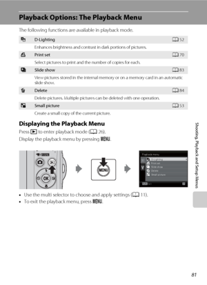 Page 9381
Shooting, Playback and Setup Menus
Playback Options: The Playback Menu
The following functions are available in playback mode.
Displaying the Playback Menu
Press c to enter playback mode (A26).
Display the playback menu by pressing d.
•Use the multi selector to choose and apply settings (A11).
•To exit the playback menu, press d.
ID-LightingA52
Enhances brightness and contrast in dark portions of pictures.
aPrint setA70
Select pictures to print and the number of copies for each.
bSlide showA83
View...