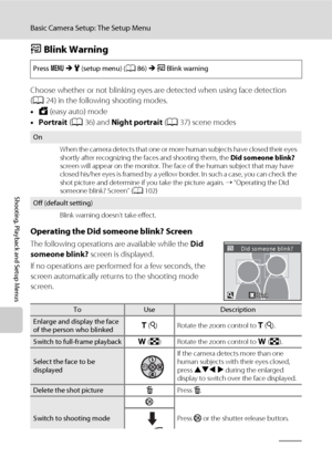 Page 114102
Basic Camera Setup: The Setup Menu
Shooting, Playback and Setup Menus
d Blink Warning
Choose whether or not blinking eyes are detected when using face detection 
(A24) in the following shooting modes.
•G (easy auto) mode
•Portrait (A36) and Night portrait (A37) scene modes
Operating the Did someone blink? Screen
The following operations are available while the Did 
someone blink? screen is displayed.
If no operations are performed for a few seconds, the 
screen automatically returns to the shooting...