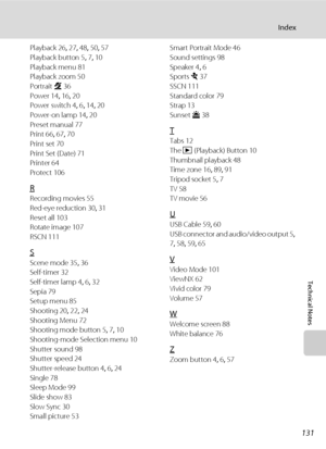 Page 143131
Index
Technical Notes
Playback 26, 27, 48, 50, 57
Playback button 5, 7, 10
Playback menu 81
Playback zoom 50
Portrait b 36
Power 14, 16, 20
Power switch 4, 6, 14, 20
Power-on lamp 14, 20
Preset manual 77
Print 66, 67, 70
Print set 70
Print Set (Date) 71
Printer 64
Protect 106
R
Recording movies 55
Red-eye reduction 30, 31
Reset all 103
Rotate image 107
RSCN 111
S
Scene mode 35, 36
Self-timer 32
Self-timer lamp 4, 6, 32
Sepia 79
Setup menu 85
Shooting 20, 22, 24
Shooting Menu 72
Shooting mode button...