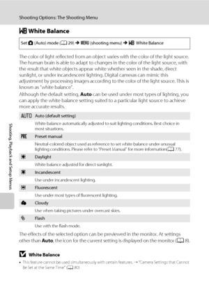 Page 8876
Shooting Options: The Shooting Menu
Shooting, Playback and Setup Menus
B White Balance
The color of light reflected from an object varies with the color of the light source. 
The human brain is able to adapt to changes in the color of the light source, with 
the result that white objects appear white whether seen in the shade, direct 
sunlight, or under incandescent lighting. Digital cameras can mimic this 
adjustment by processing images according to the color of the light source. This is 
known as...