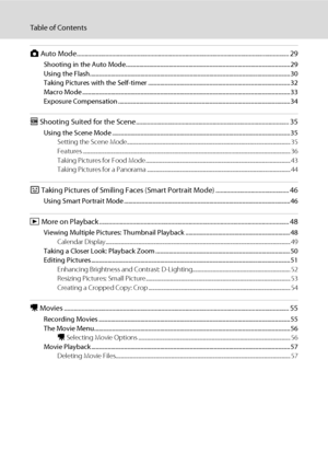 Page 10viii
Table of Contents
A Auto Mode..................................................................................................................................... 29
Shooting in the Auto Mode..............................................................................................................29
Using the Flash......................................................................................................................................30
Taking Pictures with the Self-timer...