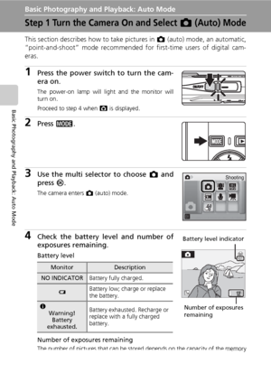 Page 34
20
Basic Photography and Playback: Auto Mode
Basic Photography and Playback: Auto Mode
Step 1 Turn the Camera On and Select L (Auto) Mode
This section describes how to take pictures in  L (auto) mode, an automatic,
“point-and-shoot” mode recommended fo r first-time users of digital cam-
eras.
1Press the power switch  to turn the cam-
era on.
The power-on lamp will light and the monitor will
turn on.
Proceed to step 4 when  M is displayed.
2Press  C.
3Use the multi selector to choose  L and
press  d.
The...