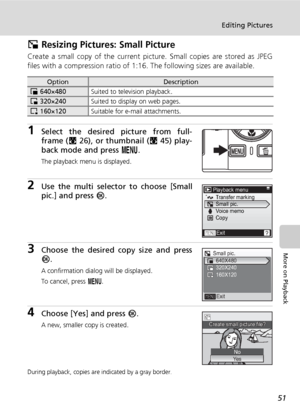 Page 65
51
Editing Pictures
More on Playback
H Resizing Pictures: Small Picture
Create a small copy of the current pict ure. Small copies are stored as JPEG
files with a compression ratio of 1:16. The following sizes are available.
1Select the desired picture from full-
frame ( c26), or thumbnail ( c45) play-
back mode and press  m.
The playback menu is displayed.
2Use the multi selector to choose [Small
pic.] and press  d.
3Choose the desired copy size and press
d.
A confirmation dialog will be displayed.
To...