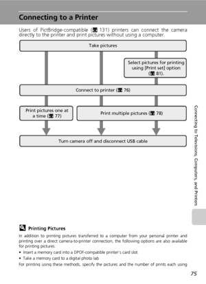 Page 89
75
Connecting to Televisions, Computers, and Printers
Connecting to a Printer
Users of PictBridge-compatible (c131) printers can connect the camera
directly to the printer and print  pictures without using a computer.
lPrinting Pictures
In addition to printing pictures transferre d to a computer from your personal printer and
printing over a direct camera-to -printer connection, the following options are also available
for printing pictures:
• Insert a memory card into a DPOF-compatible printer’s card...