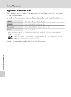 Page 162150
Optional Accessories
Technical Notes and Index
Approved Memory Cards
The following Secure Digital (SD) memory cards have been tested and approved 
for use in this camera.
All cards of the designated make and capacity can be used, regardless of speed.
1If the memory card will be used with a card reader or similar device, check that device 
supports 2 GB cards.
2SDHC-compliant. If the memory card will be used with a card reader or similar 
device, check that device supports SDHC.
Contact the...