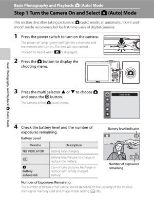 Page 3422
Basic Photography and Playback: A (Auto) Mode
Basic Photography and Playback: A (Auto) Mode
Step 1 Turn the Camera On and Select A (Auto) Mode
This section describes taking pictures in A (auto) mode, an automatic, “point-and-
shoot” mode recommended for first-time users of digital cameras.
1Press the power switch to turn on the camera.
The power-on lamp (green) will light for a moment and 
the monitor will turn on. The lens will also extend.
Proceed to step 4 when A is displayed.
2Press the A button...