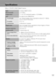 Page 175
163
Technical Notes and Index
Specifications
Nikon COOLPIX S3000 Digital Camera
TypeCompact digital camera
Effective pixels12.0 million
Image sensor1/2.3-in. CCD; total pixels: approx. 12.39 million
Lens 4× optical zoom, NIKKOR lens
Focal length4.9–19.6mm (angle of view equi valent to that of 27–108mm 
lens in 35mm [135] format)
f/-number f/3.2–5.9
Construction6 elements in 5 groups
Digital zoom Up to 4× (angle of view equiva lent to that of approx. 432mm 
lens in 35mm [135] format)
Vibration reduction...