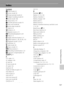 Page 179167
Technical Notes and Index
Index
Symbols
A Auto mode 22
C Scene mode 50
F Smart portrait mode 62
s Subject tracking mode 65
D Movie mode 106
z Setup menu 125
h Favorite pictures mode 74
F Auto sort mode 80
C List by date mode 83
g (Tele) 4, 25
f (Wide) 4, 25
i Playback zoom 4, 72
h Thumbnail playback 4, 69
j Help 4, 11
k Apply selection button 5, 9
l Delete button 5, 28, 29, 96, 110
c Playback mode 5, 8, 28
n Self timer 32
m Flash mode 30
p Macro mode 33
d Menu button 5
A (Shooting mode) button 5, 8
o...