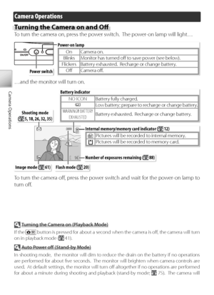 Page 2414
Camera Operations
Camera Operations
Tu rning the Camera on and Oﬀ  
To turn the camera on, press the power switch.  The power-on lamp will light…
To turn the camera oﬀ  , press the power switch and wait for the power-on lamp to 
turn oﬀ  .
 T urning the Camera on (Playback Mode)
If  the 
 button is pressed for about a second when the camera is oﬀ  , the camera will turn 
on in playback mode ( 41).
  Auto Po wer oﬀ   (Stand-by Mode)
In  shooting mode,  the monitor will dim to reduce the drain on the...