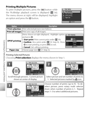 Page 6858
Connecting to Televisions, Computers, and Printers
P rinting Multiple Pictures
To  print multiple pictures, press the  button while 
the PictBridge playback screen is displayed (
  56).  
The menu shown at right will be displayed; highlight 
an option and press the 
 button.
O ption Description
P rint selection Print selected pictures (see below).
P rint all images Print one copy of all images.
DPOF printing M
enu shown at right displayed.  Highlight option 
and press 
:
•  Start print : Print current...