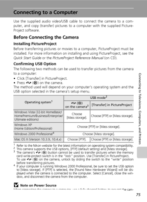 Page 8775
Connecting to Televisions, Computers, and Printers
Connecting to a Computer
Use the supplied audio video/USB cable to connect the camera to a com-
puter, and copy (transfer) pictures to a computer with the supplied Picture-
Project software.
Before Connecting the Camera
Installing PictureProject
Before transferring pictures or movies to a computer, PictureProject must be
installed. For more information on installing and using PictureProject, see the
Quick Start Guide or the PictureProject Reference...