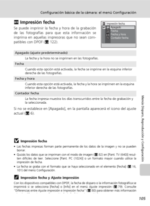 Page 117105
Configuración básica de la cámara: el menú Configuración
Menús Disparo, Reproducción y Configuración
f Impresión fecha
Se puede imprimir la fecha y hora de la grabación
de las fotografías para que esta información se
imprima en aquellas impresoras que no sean com-
patibles con DPOF (c122).
Si no se establece en [Apagado], en la pantalla aparecerá el icono del ajuste
actual (c6).
jImpresión fecha
• Las fechas impresas forman parte permanente de los datos de la imagen y no se pueden
borrar. 
• Quizás...