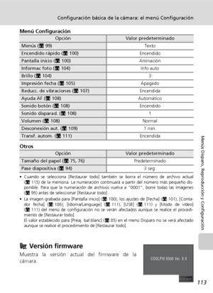 Page 125113
Configuración básica de la cámara: el menú Configuración
Menús Disparo, Reproducción y Configuración
Menú Configuración
Otros
• Cuando se selecciona [Restaurar todo] también se borra el número de archivo actual
(c115) de la memoria. La numeración continuará a partir del número más pequeño dis-
ponible. Para que la numeración de archivos vuelva a “0001”, borre todas las imágenes
(c95) antes de seleccionar [Restaurar todo].
• La imagen grabada para [Pantalla inicio] (c100), los ajustes de [Fecha]...