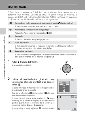 Page 4028
Fotografía y reproducción básicas: modo automático
Uso del flash
El flash tiene un alcance de 0,5–7,5 m cuando el zoom de la cámara está a la
distancia focal mínima. Cuando se utiliza el zoom óptico al máximo, el
alcance es de 0,5–4,0 m (cuando [Sensibilidad ISO] se configura en [Automá-
tico]). Los modos de flash disponibles son los siguientes:
1Pulse J (modo del flash).
Aparecerá el menú Flash.
2Utilice el multiselector giratorio para
seleccionar el modo de flash que desee y
pulse d.
El icono del...