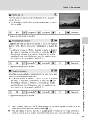 Page 4937
Modos de escena
El disparo adecuado a la escena: modo de disparo a alta sensibilidad, modo Escena
* Se pueden elegir otros ajustes.
* Se pueden elegir otros ajustes.
* Se pueden elegir otros ajustes.
Q: Para los modos de escena con Q, se recomienda el uso de un trípode. Cuando use el trí-
pode, desactive la reducción de vibraciones (c107).
R: Para los modos de escena con R, se puede aplicar la reducción de ruido automática-
mente a medida que se graban las imágenes tomadas, pero aumenta el tiempo de...