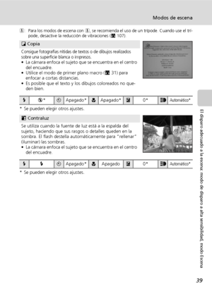 Page 5139
Modos de escena
El disparo adecuado a la escena: modo de disparo a alta sensibilidad, modo Escena
Q: Para los modos de escena con Q, se recomienda el uso de un trípode. Cuando use el trí-
pode, desactive la reducción de vibraciones (c107).
* Se pueden elegir otros ajustes.
* Se pueden elegir otros ajustes.
O Copia
Consigue fotografías nítidas de textos o de dibujos realizados 
sobre una superficie blanca o impresos.
• La cámara enfoca el sujeto que se encuentra en el centro 
del encuadre.
• Utilice el...