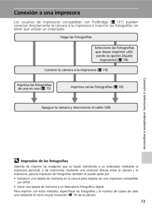 Page 8573
Conexión a televisores, ordenadores e impresoras
Conexión a una impresora
Los usuarios de impresoras compatibles con PictBridge (c131) pueden
conectar directamente la cámara a la impresora e imprimir las fotografías sin
tener que utilizar un ordenador.
lImpresión de las fotografías
Además de imprimir las imágenes que se hayan transferido a un ordenador mediante la
impresora personal, o de imprimirlas mediante una conexión directa entre la cámara y la
impresora, para la impresión de fotografías también...