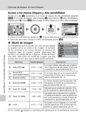 Page 9482
Opciones de disparo: el menú Disparo
Menús Disparo, Reproducción y Configuración
Acceso a los menús Disparo y Alta sensibilidad
Acceda al modo L (automático) o al modo de disparo de alta sensibilidad pulsandoC en el modo de disparo, seleccionando L (automático) o K (alta sensibilidad) y
después pulse d. Pulse m para acceder al menú Disparo o al menú Alta sensibilidad.
• Utilice el multiselector giratorio (c9) para seleccionar y aplicar los ajustes.
• Para salir del menú Disparo o Alta sensibilidad,...