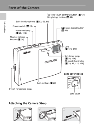 Page 164
Introduction
Parts of the Camera
Attaching the Camera Strap
Power-on lamp 
(c20, 116)
Self-timer lamp 
(c30, 126)
AF-assist illuminator 
(c29, 35, 115, 126)
Built-in flash (c28)
Eyelet for camera strapBuilt-in microphone (c52, 62, 69)
Shutter-release 
button (c24) Power switch (c20)A (one-touch portrait) button (c43)/
(D-Lighting) button (c49)
Lens
(c125, 137)
Lens cover closed
Lens cover
F (anti-shake) button 
(c42)
123
Downloaded From camera-usermanual.com Nikon Manuals 