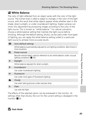 Page 10189
Shooting Options: The Shooting Menu
Shooting, Playback, and Setup Menus
d White Balance
The color of light reflected from an object varies with the color of the light 
source. The human brain is able to adapt to changes in the color of the light 
source, with the result that white objects appear white whether seen in the 
shade, direct sunlight, or under incandescent lighting. Digital cameras can 
mimic this adjustment by processing images according to the color of the 
light source. This is known as...