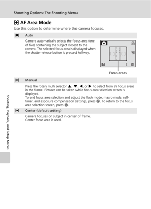 Page 10694
Shooting Options: The Shooting Menu
Shooting, Playback, and Setup Menus
k AF Area Mode
Use this option to determine where the camera focuses.
lAuto
Camera automatically selects the focus area (one 
of five) containing the subject closest to the 
camera. The selected focus area is displayed when 
the shutter-release button is pressed halfway.
mManual
Press the rotary multi selector G, H, I, or J to select from 99 focus areas 
in the frame. Pictures can be taken while focus area selection screen is...