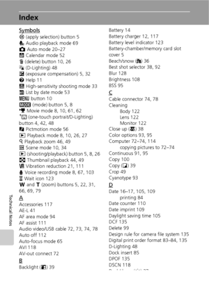 Page 148136
Technical Notes
Index
Symbols
d (apply selection) button 5
q Audio playback mode 69
L Auto mode 20–27
J Calendar mode 52
T (delete) button 10, 26
z (D-Lighting) 48
I (exposure compensation) 5, 32
l Help 11
K High-sensitivity shooting mode 33
L List by date mode 53
m button 10
C (mode) button 5, 8
T Movie mode 8, 10, 61, 62
A (one-touch portrait/D-Lighting) 
button 4, 42, 48
P Pictmotion mode 56
i Playback mode 8, 10, 26, 27
k Playback zoom 46, 49
n Scene mode 10, 34
i (shooting/playback) button 5, 8,...