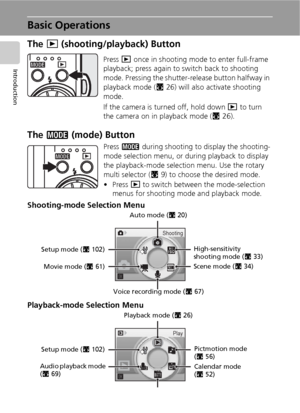 Page 208
Introduction
Basic Operations
The i (shooting/playback) Button
The C (mode) Button
Press C during shooting to display the shooting-
mode selection menu, or during playback to display 
the playback-mode selection menu. Use the rotary 
multi selector (c9) to choose the desired mode.
• Press i to switch between the mode-selection 
menus for shooting mode and playback mode.
Shooting-mode Selection Menu
Playback-mode Selection Menu
Press i once in shooting mode to enter full-frame 
playback; press again to...