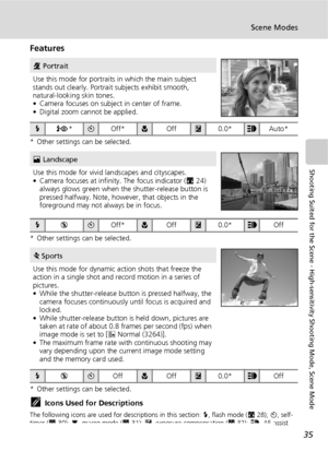 Page 4735
Scene Modes
Shooting Suited for the Scene - High-sensitivity Shooting Mode, Scene Mode
Features
* Other settings can be selected.
* Other settings can be selected.
* Other settings can be selected.
kIcons Used for Descriptions
The following icons are used for descriptions in this section: J, flash mode (c28); H, self-
timer (c30); F, macro mode (c31); I, exposure compensation (c32); u, AF-assist 
illumination (c111).
B Portrait
Use this mode for portraits in which the main subject 
stands out clearly....