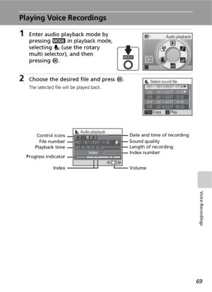 Page 8169
Voice Recordings
Playing Voice Recordings
1Enter audio playback mode by 
pressing C in 
playback mode, 
selecting q (use the rotary 
multi selector), and then 
pressing d.
2Choose the desired file and press d.
The selected file will be played back.
Audio playback
q
003
004 002 001 15/11/2007  17:30
15/11/2007  18:30
26/11/2007  13:00
29/11/2007  16:40
03/12/2007  08:00 005
Select sound file
Copy Play
q
Index:0200:00:05/00:00:20 001N15/11/2007 17:30
Audio playbackControl icons
File number
Playback...