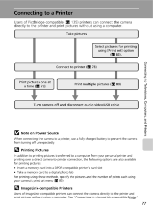 Page 8977
Connecting to Televisions, Computers, and Printers
Connecting to a Printer
Users of PictBridge-compatible (c135) printers can connect the camera 
directly to the printer and print pictures without using a computer.
jNote on Power Source
When connecting the camera to a printer, use a fully charged battery to prevent the camera 
from turning off unexpectedly.
lPrinting Pictures
In addition to printing pictures transferred to a computer from your personal printer and 
printing over a direct...