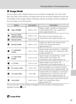 Page 10995
Shooting Options: The Shooting Menu
Shooting, Playback and Setup Menus
A Image Mode
Pictures taken with a digital camera are recorded as image files. The size of the 
files, and with it the number of images that can be recorded, depends on the size 
and quality of the images. Before shooting, choose an image mode according to 
how you plan to use the picture.
The icon for the current setting is displayed in the monitor in shooting and 
playback modes (A6, 7).
DImage Mode
Changes made to these settings...