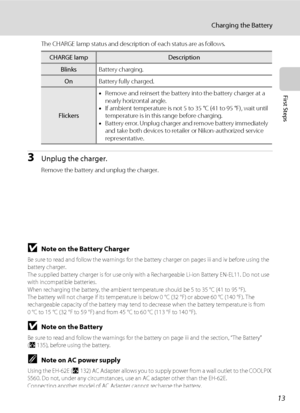 Page 2713
Charging the Battery
First Steps
The CHARGE lamp status and description of each status are as follows.
3Unplug the charger.
Remove the battery and unplug the charger.
BNote on the Battery Charger
Be sure to read and follow the warnings for the battery charger on pages iii and iv before using the 
battery charger.
The supplied battery charger is for use only with a Rechargeable Li-ion Battery EN-EL11. Do not use 
with incompatible batteries.
When recharging the battery, the ambient temperature should...