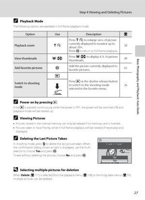 Page 4127
Step 4 Viewing and Deleting Pictures
Basic Photography and Playback: Auto Mode
CPlayback Mode
The following options are available in full-frame playback mode.
CPower on by pressing c
If the c is pressed continuously while the power is OFF, the power will be switched ON and 
playback mode will be started up.
CViewing Pictures
•Pictures stored in the internal memory can only be viewed if no memory card is inserted.
•Pictures taken in Face Priority, while in full-frame playback, will be rotated (if...