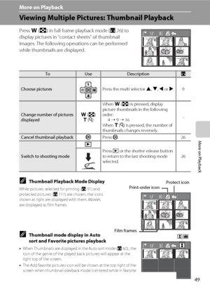 Page 6349
More on Playback
More on Playback
Viewing Multiple Pictures: Thumbnail Playback
Press f (h) in full-frame playback mode (A26) to 
display pictures in “contact sheets” of thumbnail 
images. The following operations can be performed 
while thumbnails are displayed.
CThumbnail Playback Mode Display
While pictures selected for printing (A91) and 
protected pictures (A111) are chosen, the icons 
shown at right are displayed with them. Movies 
are displayed as film frames.
CThumbnail mode display in Auto...