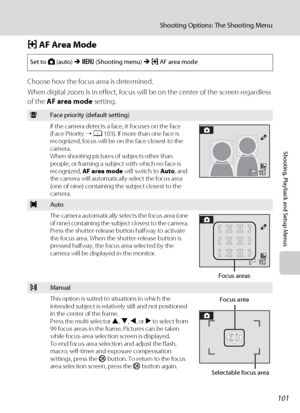 Page 113101
Shooting Options: The Shooting Menu
Shooting, Playback and Setup Menus
G AF Area Mode
Choose how the focus area is determined.
When digital zoom is in effect, focus will be on the center of the screen regardless 
of the AF area mode setting.
Set to A (auto) M d (Shooting menu) M G AF area mode
aFace priority (default setting)
If the camera detects a face, it focuses on the face 
(Face Priority ➝ A103). If more than one face is 
recognized, focus will be on the face closest to the 
camera.
When...