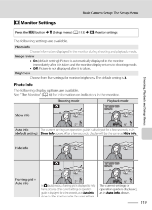 Page 131119
Basic Camera Setup: The Setup Menu
Shooting, Playback and Setup Menus
e Monitor Settings
The following settings are available.
Photo Info
The following display options are available.
See “The Monitor” (A6) for information on indicators in the monitor.
Press the d button M z (Setup menu) (A113) M e Monitor settings
Photo info
Choose information displayed in the monitor during shooting and playback mode.
Image review
•On (default setting): Picture is automatically displayed in the monitor 
immediately...