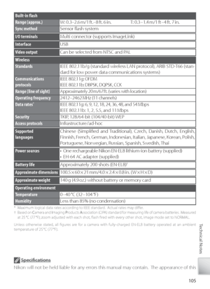 Page 115105
Technical Notes
 Speciﬁ  cations
Ni kon will not be held liable for any errors this manual may contain.  The appearance of this 
product and its speciﬁ cations are subject to change without notice.
Built-in ﬂ  ash
Range (approx.)W:   0.3–2.6 m/1 ft.– 8 ft.  6 in.T:  0.3 – 1.4  m/1  ft – 4  ft.  7  in.
Sync methodSensor ﬂ ash system
InterfaceUSB
V ideo outputCan be selected from NTSC and PAL
I/O terminalsMulti connector (supports ImageLink)
    
Po wer sources•  One rechargeable Nikon EN-EL8...