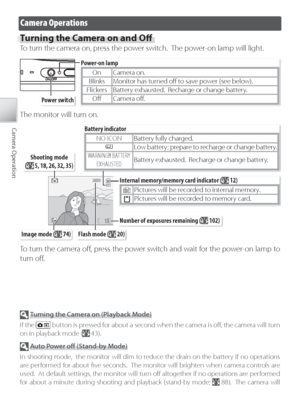 Page 2414
Camera Operation
Camera Operations
Tu rning the Camera on and Oﬀ  
To turn the camera on, press the power switch.  The power-on lamp will light.
To turn the camera oﬀ  , press the power switch and wait for the power-on lamp to 
turn oﬀ  .
 T urning the Camera on (Playback Mode)
If  the 
 button is pressed for about a second when the camera is oﬀ  , the camera will turn 
on in playback mode ( 43).
  Auto Po wer oﬀ   (Stand-by Mode)
In  shooting mode,  the monitor will dim to reduce the drain on the...