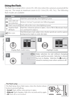 Page 3020
Basic Photography and Playback
Using the Flash
The ﬂ  ash has a range of 0.3–2.6 m (1 ft.–8 ft. 6 in.) when the camera is zoomed all the 
way out.  The range at maximum zoom is 0.3–1.4 m (1 ft.–4 ft. 7 in.).  The following 
ﬂ ash modes are available:
Mode Description
Au to Flash ﬁ res automatically when lighting is poor.
Au to with  red-
eye reduction Reduces “red eye” in portraits (see following page).
F
lash Cancel (oﬀ  ) Flash will not ﬁ re even when lighting is poor.
Anytime Flash
(ﬁ ll ﬂ ash) F...