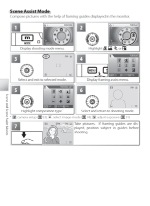 Page 4232
Scene and Scene Assist Modes
Sc ene Assist Mode
Compose pictures with the help of framing guides displayed in the monitor.
5
H ighlight composition type. *
6
Select and return to shooting mode.
1
Display shooting mode menu.
2
H ighlight , , , or . 
3
Select and exit to selected mode.
7Take pictures.  If framing guides are dis-
played, position subject in guides before 
shooting.
* :   camera setup ( 83); : select image-mode ( 74); : adjust exposure ( 31)
4
Display framing assist menu.
Downloaded From...