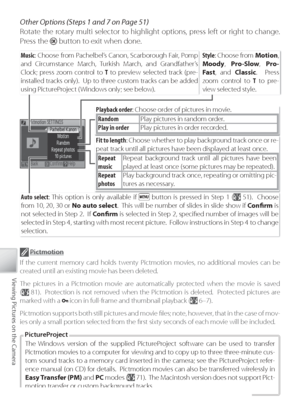 Page 6252
Viewing Pictures on the Camera
Other Options (Steps 1 and 7 on Page 51)
Rotate the rotary multi selector to highlight options, press left or right to change.  
Pr ess the 
 button to exit when done.
Playback order : Choose order of pictures in movie.
Random Play  pictures in random order.
Play in order Play  pictures in order recorded.
Fit to length : Choose whether to play background track once or re-
peat track until all pictures have been displayed at least once.
Repeat
music Repeat background...