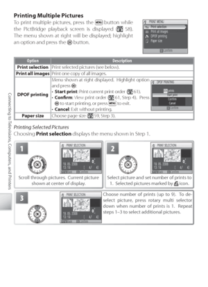 Page 7060
Connecting to Televisions, Computers, and Printers
P rinting Multiple Pictures
To  print multiple pictures, press the  button while 
the PictBridge playback screen is displayed (
  58).  
The menu shown at right will be displayed; highlight 
an option and press the 
 button.
O ption Description
P rint selection Print selected pictures (see below).
P rint all images Print one copy of all images.
DPOF printing M
enu shown at right displayed.  Highlight option 
and press 
:
•  Start print : Print current...