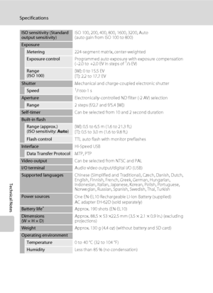 Page 138126
Specifications
Technical Notes
ISO sensitivity (Standard 
output sensitivity)ISO 100, 200, 400, 800, 1600, 3200, Auto
(auto gain from ISO 100 to 800)
Exposure
Metering224-segment matrix, center-weighted
Exposure controlProgrammed auto exposure with exposure compensation 
(–2.0 to  +2.0 EV in steps of 1/3 EV)
Range
(ISO 100)[W]: 0 to 15.5 EV
[T]: 2.2 to 17.7 EV
ShutterMechanical and charge-coupled electronic shutter
Speed1/1500-1 s
ApertureElectronically-controlled ND filter (-2 AV) selection
Range2...