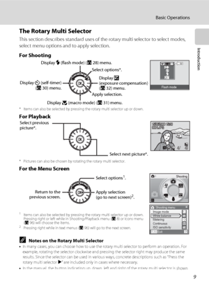 Page 219
Basic Operations
Introduction
The Rotary Multi Selector
This section describes standard uses of the rotary multi selector to select modes, 
select menu options and to apply selection.
For Shooting
* Items can also be selected by pressing the rotary multi selector up or down.
For Playback
* Pictures can also be chosen by rotating the rotary multi selector.
For the Menu Screen
CNotes on the Rotary Multi Selector•In many cases, you can choose how to use the rotary multi selector to perform an operation....