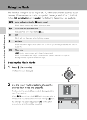 Page 4028
Basic Photography and Playback: Auto Mode
Using the Flash
The flash has a range of 0.5-6.5 m (1.6-21.3 ft.) when the camera is zoomed out all 
the way. With maximum optical zoom applied, the range is 0.5-3.0 m (1.6-9.8 ft.) 
(when ISO sensitivity is set to Auto). The following flash modes are available.
Setting the Flash Mode
1Press m (flash mode).
The flash menu is displayed.
2Use the rotary multi selector to choose the 
desired flash mode and press k.
The icon for the selected flash mode is...