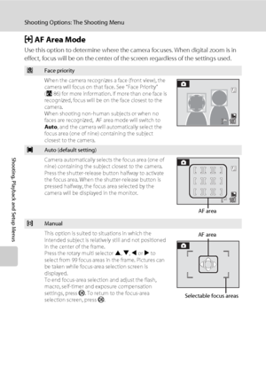 Page 9684
Shooting Options: The Shooting Menu
Shooting, Playback and Setup Menus
G AF Area Mode
Use this option to determine where the camera focuses. When digital zoom is in 
effect, focus will be on the center of the screen regardless of the settings used.
zFace priority
When the camera recognizes a face (front view), the 
camera will focus on that face. See “Face Priority” 
(A86) for more information. If more than one face is 
recognized, focus will be on the face closest to the 
camera.
When shooting...